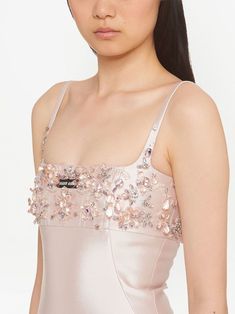 Miu Miu floral-embellished Midi Dress - Farfetch Midi Beaded Dress, Beaded Silk Dress, Embroidery Beads Dress, Flower Clothes Aesthetic, Miu Miu Embroidery, Miu Miu White Dress, Miu Miu Mini Dress, Miu Miu Dresses, Mui Mui Dress