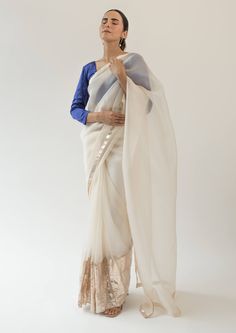 Kapardara-Pearl White Silk Organza Sari-INDIASPOPUP.COM Luxury White Raw Silk Saree, Luxury White Art Silk Saree, Organza Embroidery, Lace Saree, Border Saree, Saree For Women, Silver Silk, Aari Embroidery, Ivory Silk