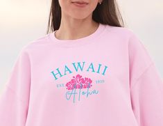 Get ready to fall in LOVE with your new "Aloha Hawaii" crewneck sweatshirt. It's the cutest and most trendy way to emit all those important coconut girl vibes! We hope you are as obsessed with your new Hawaii sweatshirt as we are. Great as a gift! * Q U I C K * F A C T S * 💠 50% Cotton 50% Polyester Medium Heavy Fabric 💠Tear away label 💠 Wash and dry normally (on cool for best results) 💠 Slight variations in shirt and graphic colors are to be expected due to screen and printer settings as each shirt is custom printed for you! * S I Z I N G * 💠 Sizing is unisex so runs like men's, though not overly large 💠 Most women find their typical size works best, since they are meant to fit a touch loose; size up for an oversized fit 💠 Size guide (Garment measurements): Size S: 20"W x 27"L Size Casual Pink Crew T-shirt, Casual Pink Crew Neck T-shirt, Pink Short Sleeve Relaxed Fit Sweatshirt, Pink Relaxed Fit Short-sleeved Sweatshirt, Pink Relaxed Fit Short Sleeve Sweatshirt, Pink Short Sleeve Casual Sweatshirt, Casual Pink Short Sleeve Sweatshirt, Casual Pink Pre-shrunk Sweatshirt, Beachy Sweatshirt