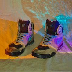 Vintage Rare Nike Caldera Sneaker Boot Grey Suede Black Nylon With Purple And Blue Accents Size 10.5 Made In Korea Eur 44.5 Sneakerboot With Nylon Collar, In Serious Need Of A Resole. Cracked And Worn. Everything Else Is In Pretty Fantastic Condition, Some Suede Shoes Staining, An Oil Like Stain On The Interior Of Left Shoe On The Heel Fabric Is Shown. Original Laces, Great Wear, Extremely Comfortable Nike Shoes Vintage, Rare Nikes, Grey Suede, Gray Suede, Black Nylon, Blue Accents, Purple Grey, Black Nylons, Suede Shoes