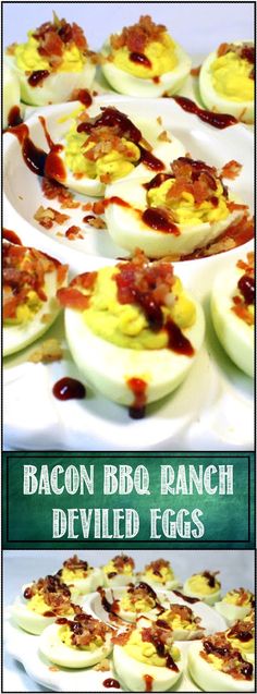 bacon, broccoli and deviled eggs are arranged on white plates with text overlay