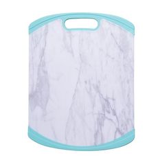 a white marble cutting board with blue trim