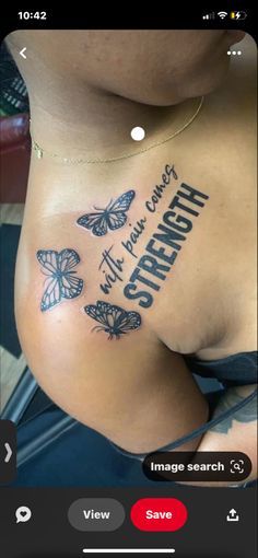 a woman's stomach with the words strength and butterflies on her side, as well as an image search button