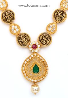 22 Karat Gold 'Lakshmi' Necklace with Cz, Color Stones & Japanese Culture Pearl (Temple Jewellery) - 235-GN4236 - in 17.800 Grams for USD $1479.39. 
Made in India by Totaram Jewelers Online this product is in Gold - 22 Karat BIS Hallmark 916 KDM Gold  & is an excellent gift for Adult - Women. Ships fully insured with secured guaranteed delivery for free with your order over $250 from New Jersey USA & comes with 30 days exchange policy. 22k Gold Temple Necklace With Zari Work As Gift, 22k Gold Necklaces With Zari Work For Celebration, Pearl Temple Jewellery, Color Stones, Temple Jewellery, Gifts For Adults, Japanese Culture, 22k Gold, Cultured Pearls