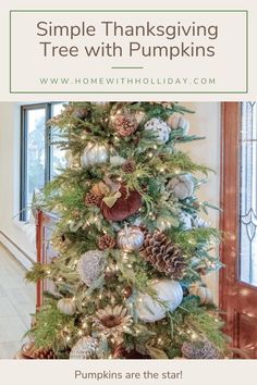 a christmas tree decorated with ornaments and pine cones