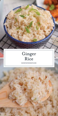 the ingredients for ginger rice are shown in bowls