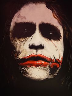 a painting of the joker with his face painted white and red, on a black background