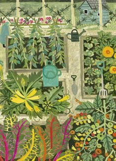 an illustration of a garden with various plants and flowers in the foreground, surrounded by a fence