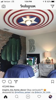 an instagramted photo of someones bedroom with captain america decorations on the ceiling