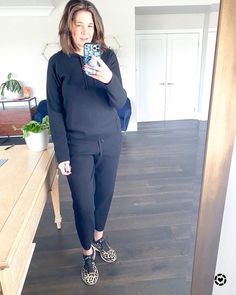 StyleDAHLIA on Instagram: “A cool pair of kicks takes this simple black sweater set to another level. Whole outfit is cozy and warm. Maybe not Texas snow warm but…” Black Sweater, Sweater Set, Black Outfit, Black Jacket, Black Coat