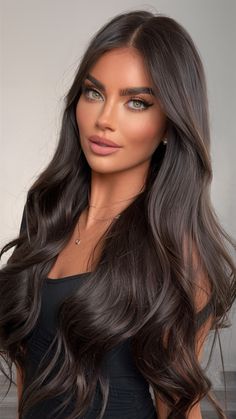 Makeup For Chocolate Brown Hair, Long Hair Dark Balayage Brunettes, Dark Hair Olive Skin Tone, Chocolate Brown And Black Hair, Dark Brown Hair With No Red Tones, Chocolate Brown Extensions, Dark Brown Autumn Hair, Winter Dark Brown Hair, 2024 Fall Hair Colors For Brunettes