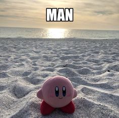 a pink stuffed animal sitting on top of a sandy beach next to the ocean with an caption that reads, man