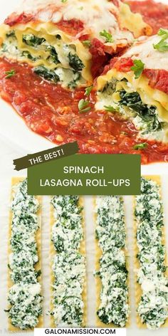 spinach lasagna roll - ups on a white plate with text overlay