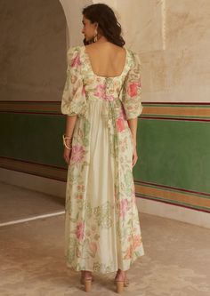 Adding an elegant charm to your next celebration, the floral printed corset maxi dress with a dainty embroidered yoke. Crafted in pure silk Habutai fabric, explore the joys of blooming florals with our fav maxi dress. Silk Maxi Dress With Floral Embroidery, Feminine Floral Print Festive Dresses, Festive Feminine Floral Print Dresses, Floor-length Floral Embroidery Maxi Dress For Garden Party, Feminine Floral Embroidered Floor-length Maxi Dress, Floral Embroidered Floor-length Maxi Dress For Garden Party, Feminine Floor-length Maxi Dress With Floral Embroidery, Silk Floral Embroidered Floor-length Maxi Dress, Floral Embroidered Maxi Dress With Fitted Bodice