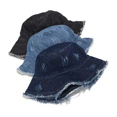 Distressed denim bucket hat, the perfect accessory for any casual and trendy outfit. Made from high-quality denim material, this bucket hat has a unique distressed finish that gives it a vintage and edgy look. The hat features a wide brim that provides excellent sun protection for your face and neck, making it perfect for outdoor activities such as hiking, fishing, or simply enjoying a day at the beach. The denim material is also durable and easy to clean, making it a practical choice for everyd Medium Wash Denim Bucket Hat With Wide Brim, Summer Washed Bucket Hat, Trendy Denim Bucket Hat With Wide Brim, Denim Bucket Hat For Beach, Dark Wash Denim Bucket Hat, Trendy Denim Blue Bucket Hat For Beach, Trendy Wide Brim Denim Hat, Trendy Medium Wash Bucket Hat For Summer, Brimmed Denim Blue Bucket Hat