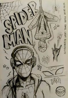 a drawing of a spider man with headphones and various other things around his face