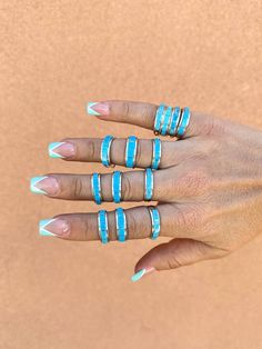 Beautiful hand-crafted inlay rings in Blue Turquoise! Crafted in 925 Sterling Silver, these babies make the PERFECT stacker!! Sold Separately. White Nails With Turquoise Design, Western Chrome Nails, Turqoise Nails Gel French, Preppy Western Nails, Country French Tip Nails, Turquoise Rings Western, Teal Western Nails, Western Turquoise Nails, Black And Turquoise Nails