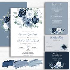 wedding stationery set with blue and white flowers on the front, side and back