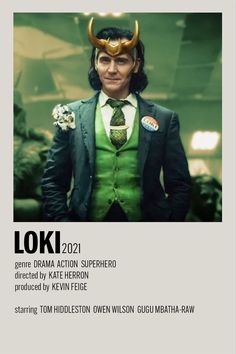 a man in a green suit with horns on his head and the caption loki 2012