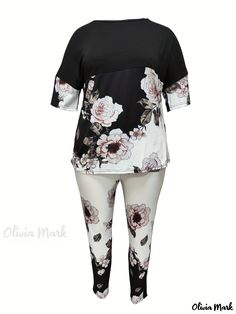 Olivia Mark - Professional Plus-Size Womens Casual Outfits: Two-Piece Set with Colorblock Baroque Print Short Sleeve Round Neck Top & Pants Chic Short Sleeve Sets With Floral Print, Chic Short Sleeve Floral Print Set, Plus Size Chic Outfits, Plus Size Chic, Plus Size Two Piece, Stylish Plus, Round Neck Tops, Cozy Outfit, Two Piece Sets