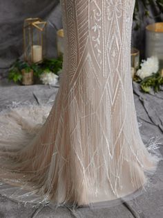 the back of a wedding dress with beading and feathers