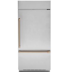 a stainless steel refrigerator freezer with gold trimmings on the door and bottom