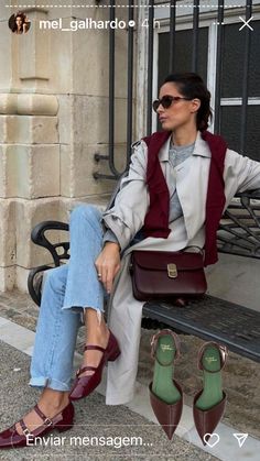 Burgundy Flats Outfit, Nyc Outfits Fall, Red Sneakers Outfit, Burgundy Shoes Outfit, Mary Jane Outfit, Mary Janes Outfit, Nyc Outfits, Pop Of Red, Paris Street Style