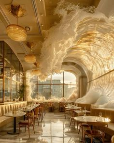 an artisticly designed restaurant with large waves coming out of the ceiling and tables on either side