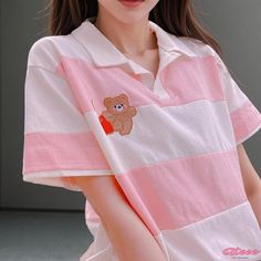 Qteee - Embroidered Lapel T-Shirt featuring Stylish Striped Cartoon Bear Design Cute White Patchwork Top, Cute Pink Patchwork Tops, Casual Pink Patchwork Shirt, Trendy Embroidered Short Sleeve Tops, Cute Crew Neck Tops With Patchwork, Cute Short Sleeve Patchwork Tops, Cute Striped Cotton T-shirt, Casual Cotton Patchwork T-shirt, Pink Patchwork Short Sleeve T-shirt