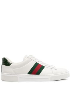 white leather signature Web-stripe trim contrasting branded heel counter decorative plaque round toe front lace-up fastening branded leather insole flat rubber sole This piece comes complete with a protective dust bag. Women's Gucci sneakers fit large. For the most comfortable fit please select half a size down. Gucci Elegant, Gucci Ace Sneakers, Gucci Sneakers, Planet People, White Leather Sneakers, Leather Cap, Comfortable Flats, Beach Tote Bags, Mens Sandals