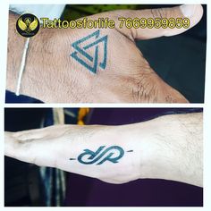 two pictures of the same person's hand with tattoos on them, one has an arrow