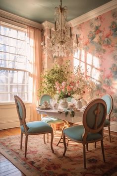 a dining room with floral wallpaper and chandelier