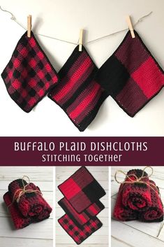 four different pictures of buffalo plaid dishcloths hanging on clothes pins