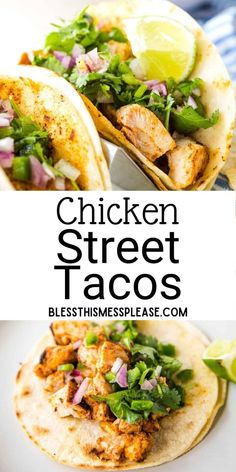 chicken street tacos on a plate with limes and cilantro