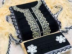 Black Embroidered Chanderi Unstitched Suit, Clothes