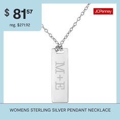 This personalized couple name dog tag pendant necklace is the perfect custom jewelry piece to accessorize off-duty looks. Made from Sterling Silver, it features a vertical dog tag pendant engraved with your chosen two initials in a classic capitalized font, and it comes on a cable chain. Layer it with other necklaces. Features: Personalized, MonogrammableJewelry Closure: Spring Ring ClaspLink Construction: SolidMetal Color: WhiteChain Length: 18 InchChain Width: 1.25 MillimetersPendant Length: … Couple Name, Dog Tag Pendant, Personalized Couple, Sterling Silver Necklace Pendants, Dog Tag, Silver Pendant Necklace, Sterling Silver Pendant, Cable Chain, Spring Rings