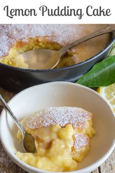 lemon pudding cake in a white bowl with a spoon