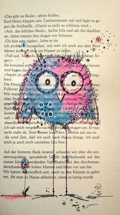 an owl is sitting on top of a book page with words written in german and english