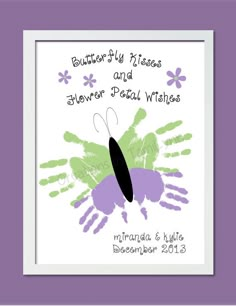 the butterfly kisses and flower petal wishes are displayed in a frame with purple flowers