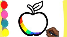 an apple is shown with paint and crayons next to it's outline