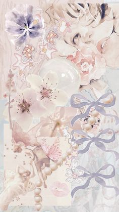 an abstract painting with flowers and pearls on it's side, in pastel tones