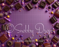 there are many different types of chocolates and candies on this purple background with the words snobbby drops