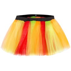 a colorful tulle skirt with black trim on the bottom and yellow, red, orange, and green colors