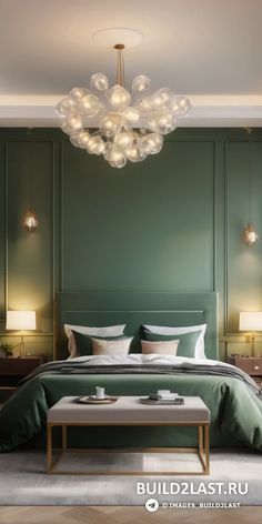 a bedroom with green walls and a large bed in the middle, surrounded by lamps