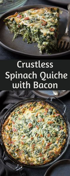 spinach quiche with bacon on a black plate and in a cast iron skillet