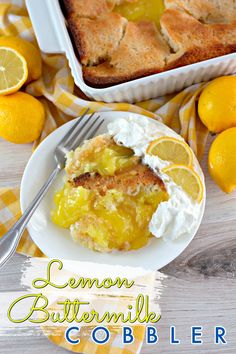 lemon buttermilk cobbler on a white plate