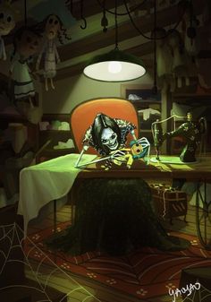 an animated skeleton sitting at a table in front of a sewing machine and other items