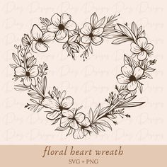 a heart shaped wreath with flowers and leaves in the shape of a flower on a beige background