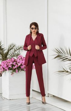 Suits are available in 4 major sizes according to our size chart. Models are wearing a size S XS BUST 32-34 inches or 82-86 cm WAIST 23-24.8 inches or 59-63 cm HIPS 33-35 inches or 86-90 cm S BUST 34-35 inches or 86-90 cm WAIST 25-26 inches or 63-67 cm HIPS 35-37 inches or 90-94 cm M BUST 35-37 inches or 90-94 cm WAIST 26-28 inches or 68-71 cm HIPS 37-38.5 inches or 94-98 cm L BUST 37-38.5 inches or 94-98 cm WAIST 28-29.5 inches or 71-75 cm HIPS 38.5-41 inches or 98-104 cm Blazer length is 27,1 Burgandy Suit Woman, Women’s Burgundy Suit, Womens Burgundy Suit, Burgundy Suit Women Outfit, Burgundy Pantsuit, Burgundy Suit Women, Vintage Suits Women, Black Womens Suit, Office Wear For Women