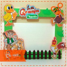 an orange and green frame with cartoon animals on it